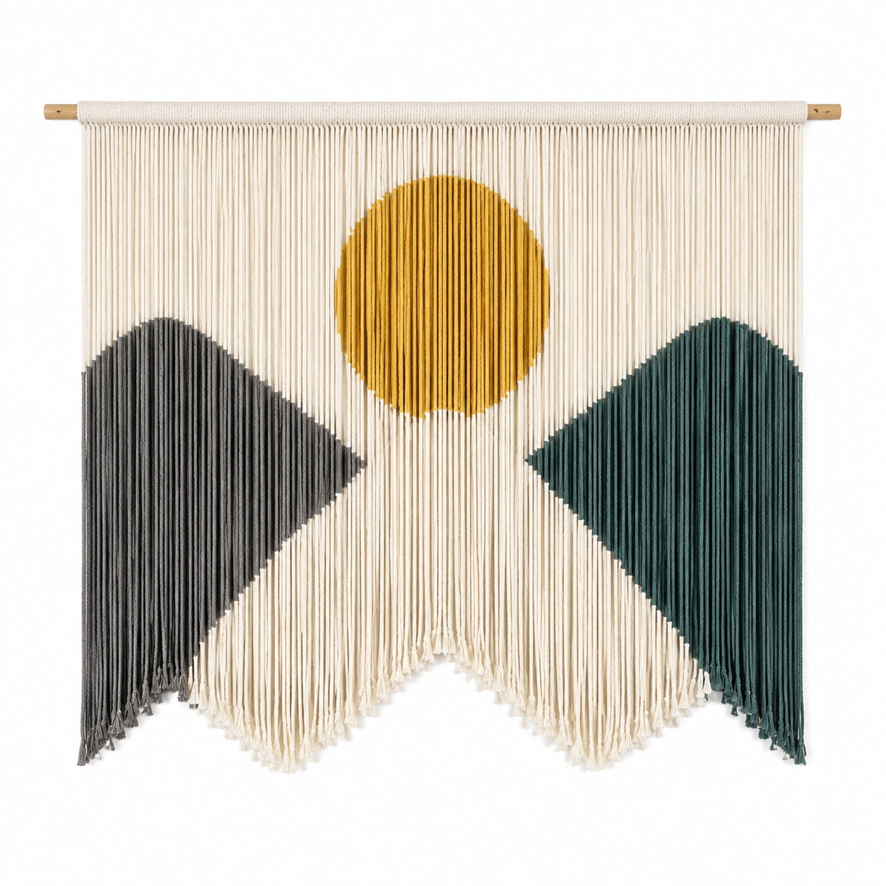 Makramee Wandteppich 100 x 100 cm aus Textilkordel in Creme Anthrazit Dunkelgrün Senfgelb mit Holzstab