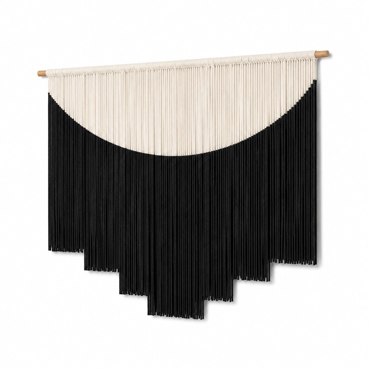Makramee Wandteppich 100 cm x 100 cm Baumwollkordel Schwarz Beige mit Holzstab
