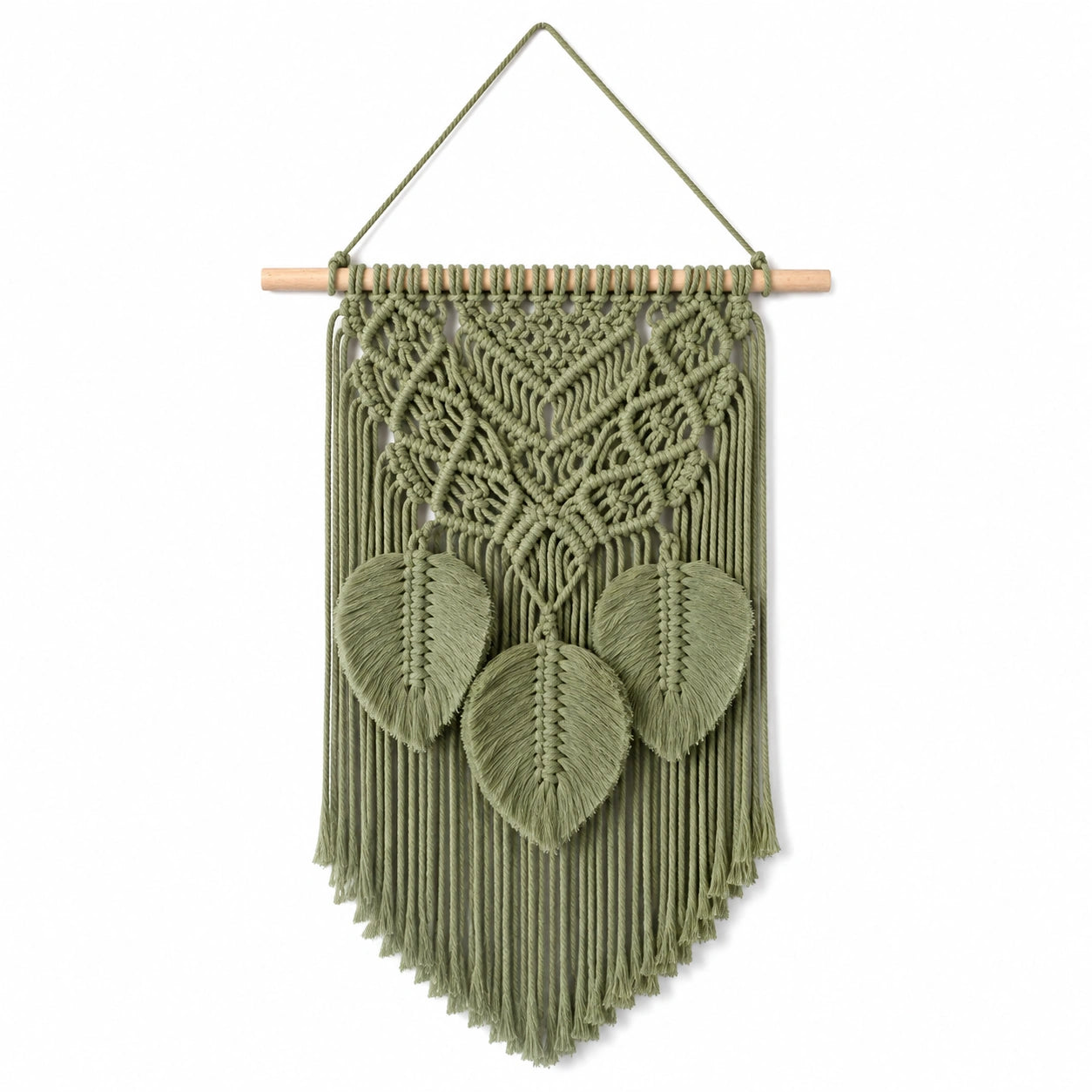 Makramee Wandbehang 40 x 75 cm aus Baumwollkordel Salbeigrün mit Holzstab im Boho-Stil
