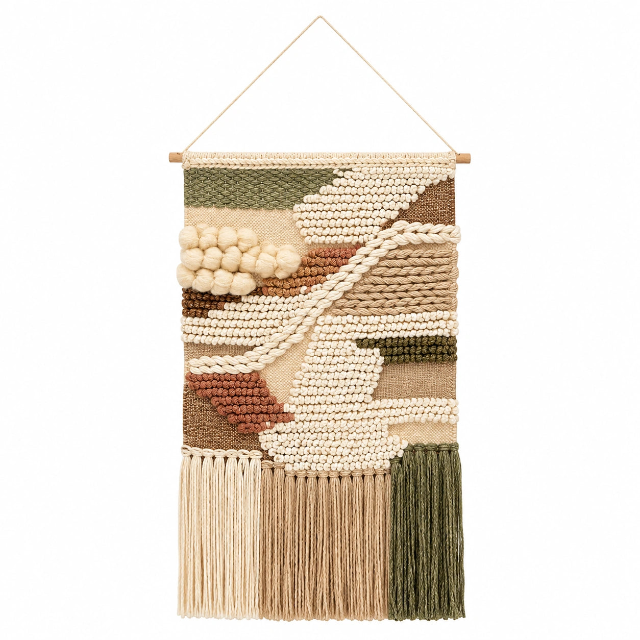 Wandteppich 45 x 80 cm Textil in Beige Grün Braun mit Fransen im Boho-Stil