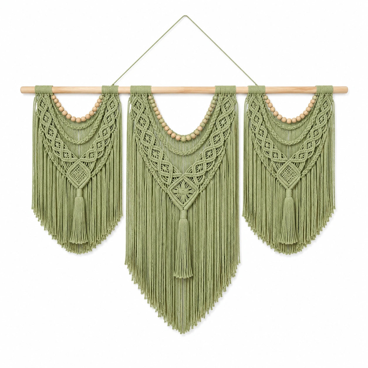 Makramee Wandbehang 110 x 105 cm aus Baumwolle Salbeigrün mit Holzstab im Boho Stil