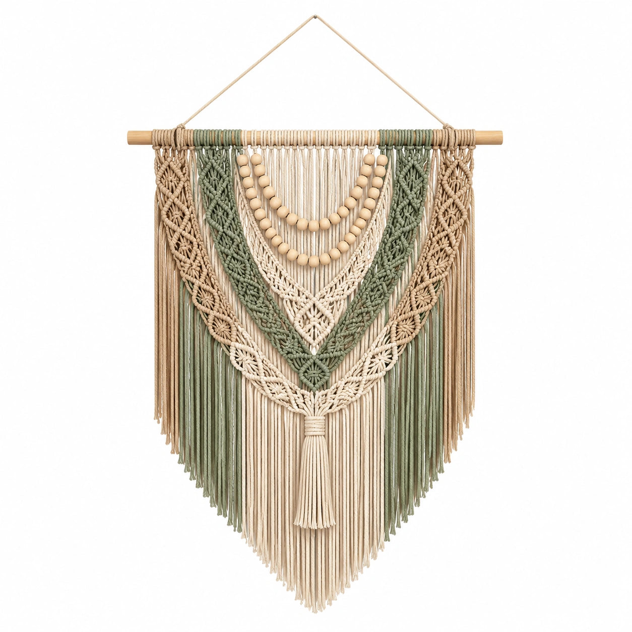 Makramee Wandteppich 50 x 80 cm aus Baumwollkordel in Beige Grün mit Holzperlen im Boho Stil