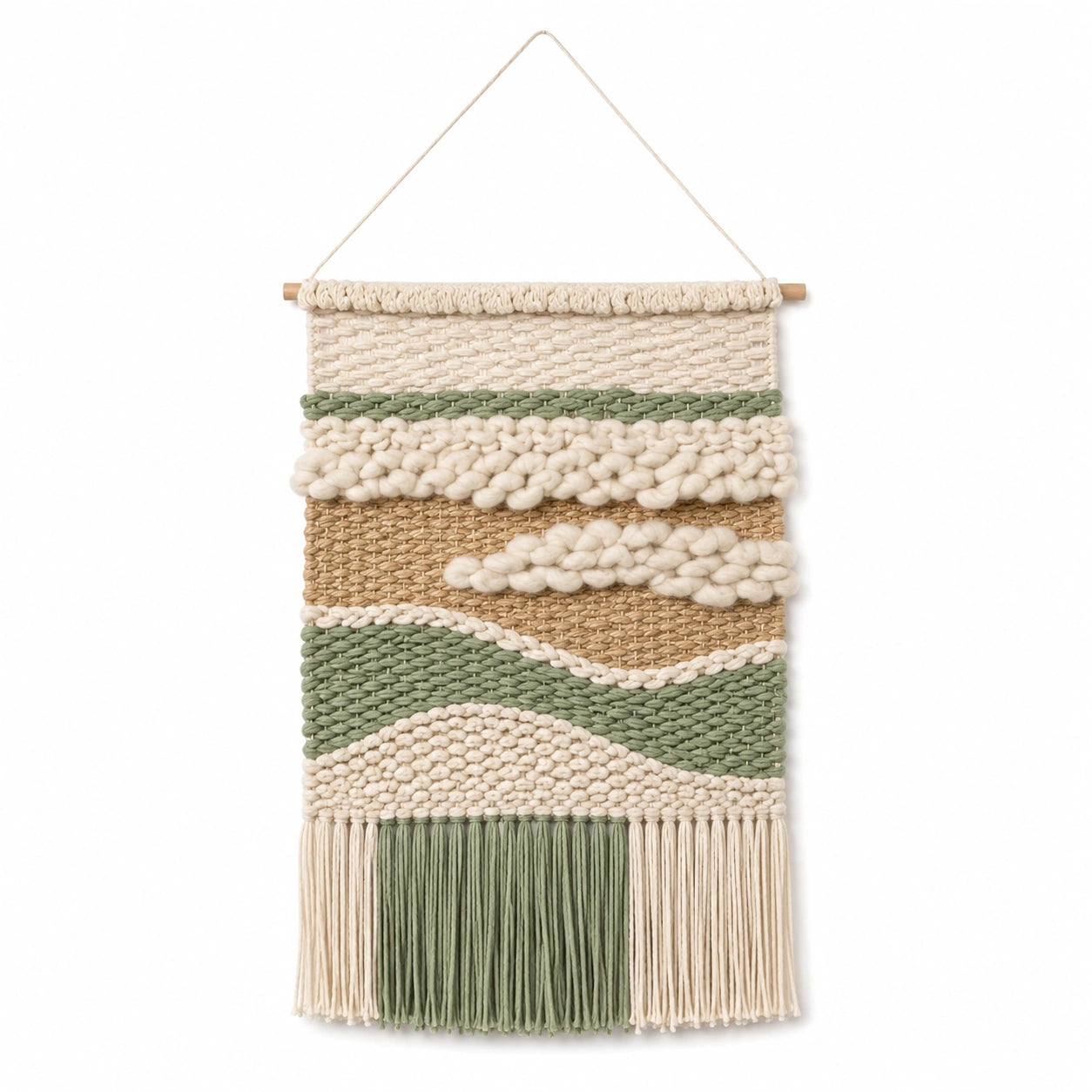 Wandteppich 55 cm breit 85 cm hoch aus Baumwolle in Creme Grün und Beige mit Fransen