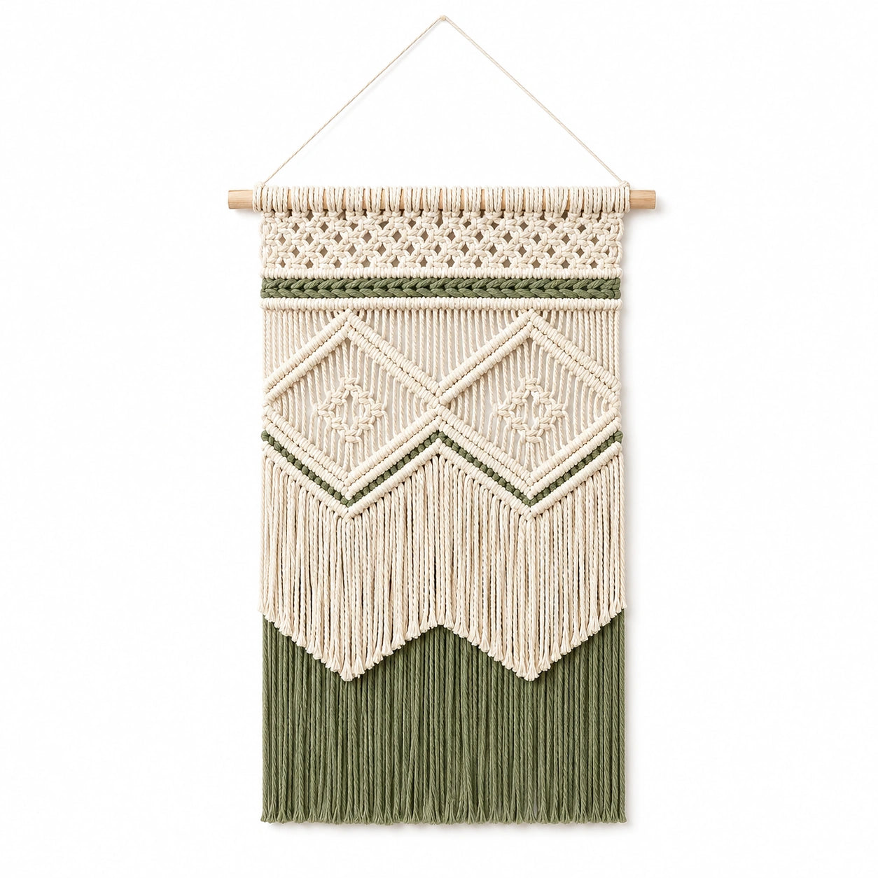 Makramee Wandteppich 45 x 90 cm aus Baumwollkordel Creme Olivgrün mit Holzstab Boho Wanddekoration