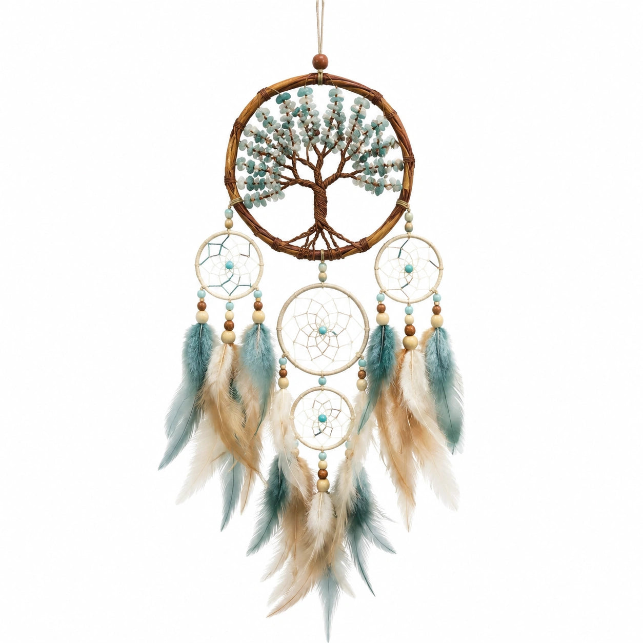 Traumfänger 35 x 80 cm aus Holz Kordel und Federn in Türkis Beige Braun für Wanddekoration im Boho-Stil