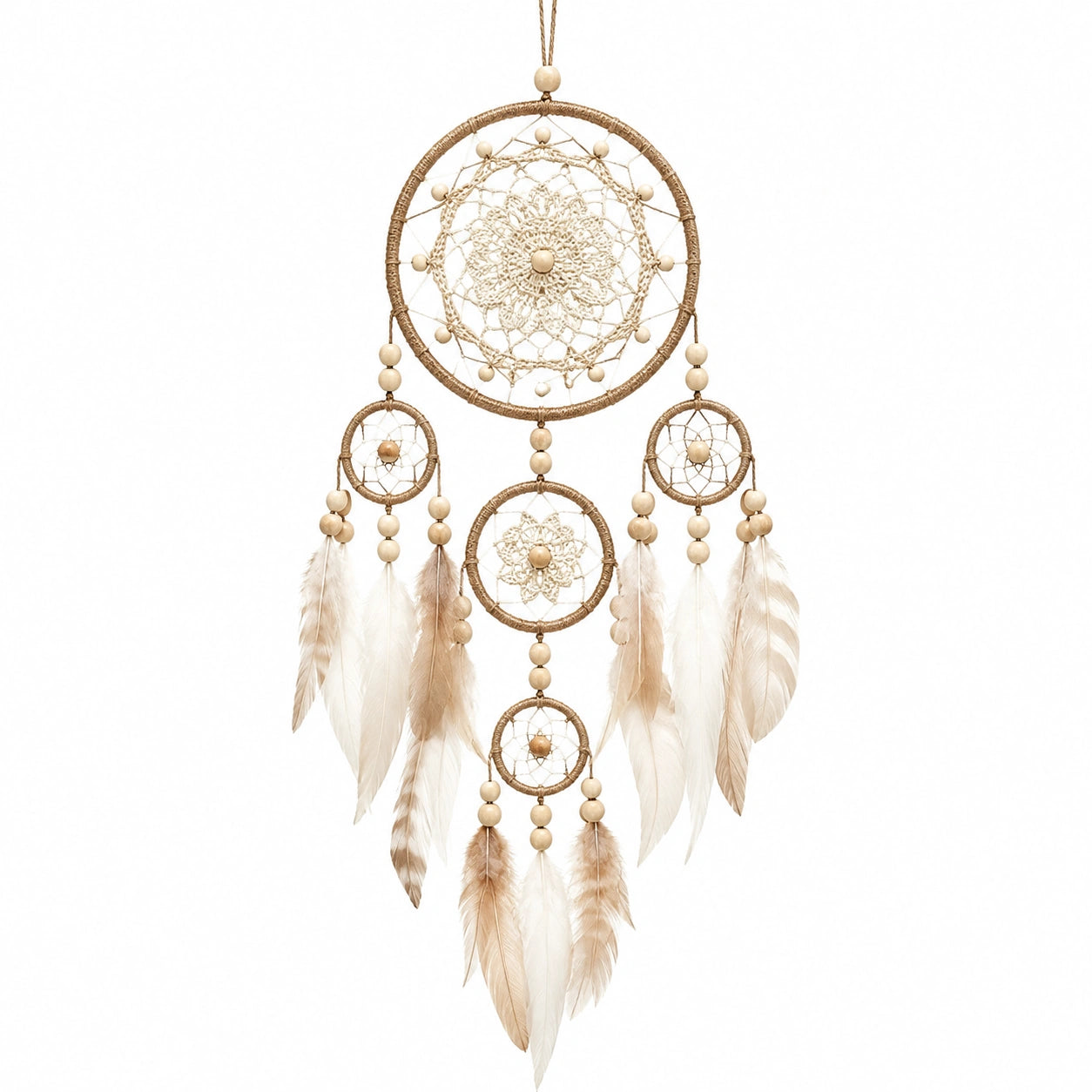 Traumfänger 35 cm x 90 cm aus Baumwollkordel in Beige mit Federn im Boho-Stil