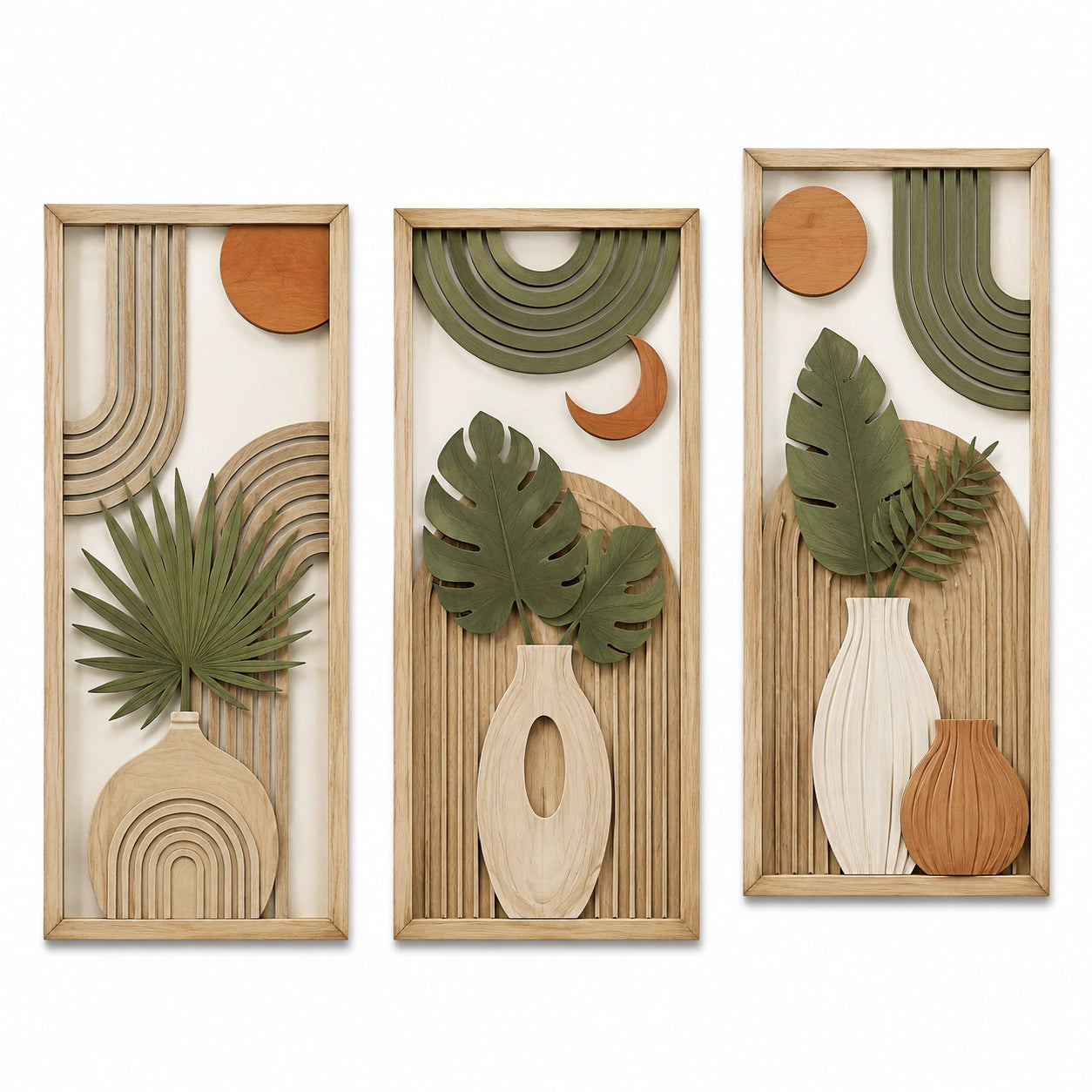 Wandbilder Set 30 x 90 cm Holz Natur Grün geometrische Pflanzen Wanddekoration