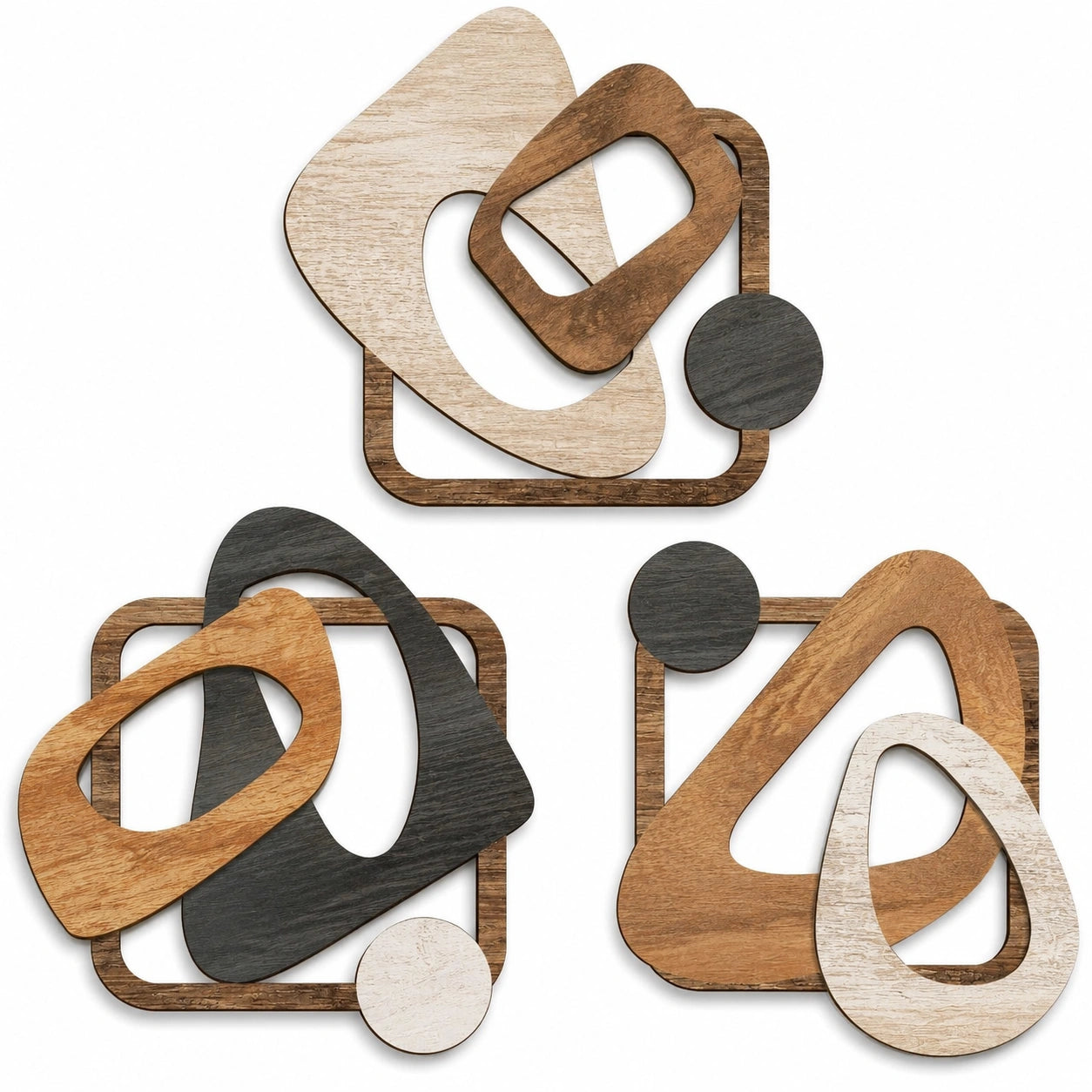 Abstrakte Holz Wanddekoration 3er Set 40 x 40 cm Naturbraun Hellbeige Anthrazit für Innenräume