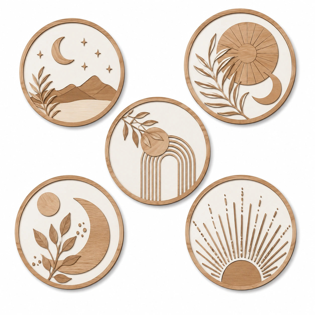 Wanddekoration 5er Set 30 cm Durchmesser aus Holz Naturbeige mit Reliefmotiven für Wohnräume