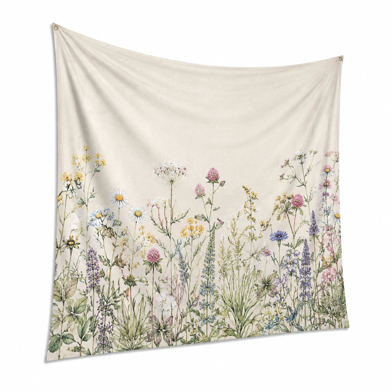 Wandteppich 150 x 130 cm Textil Cremefarben Blumenwiese mit Ösen