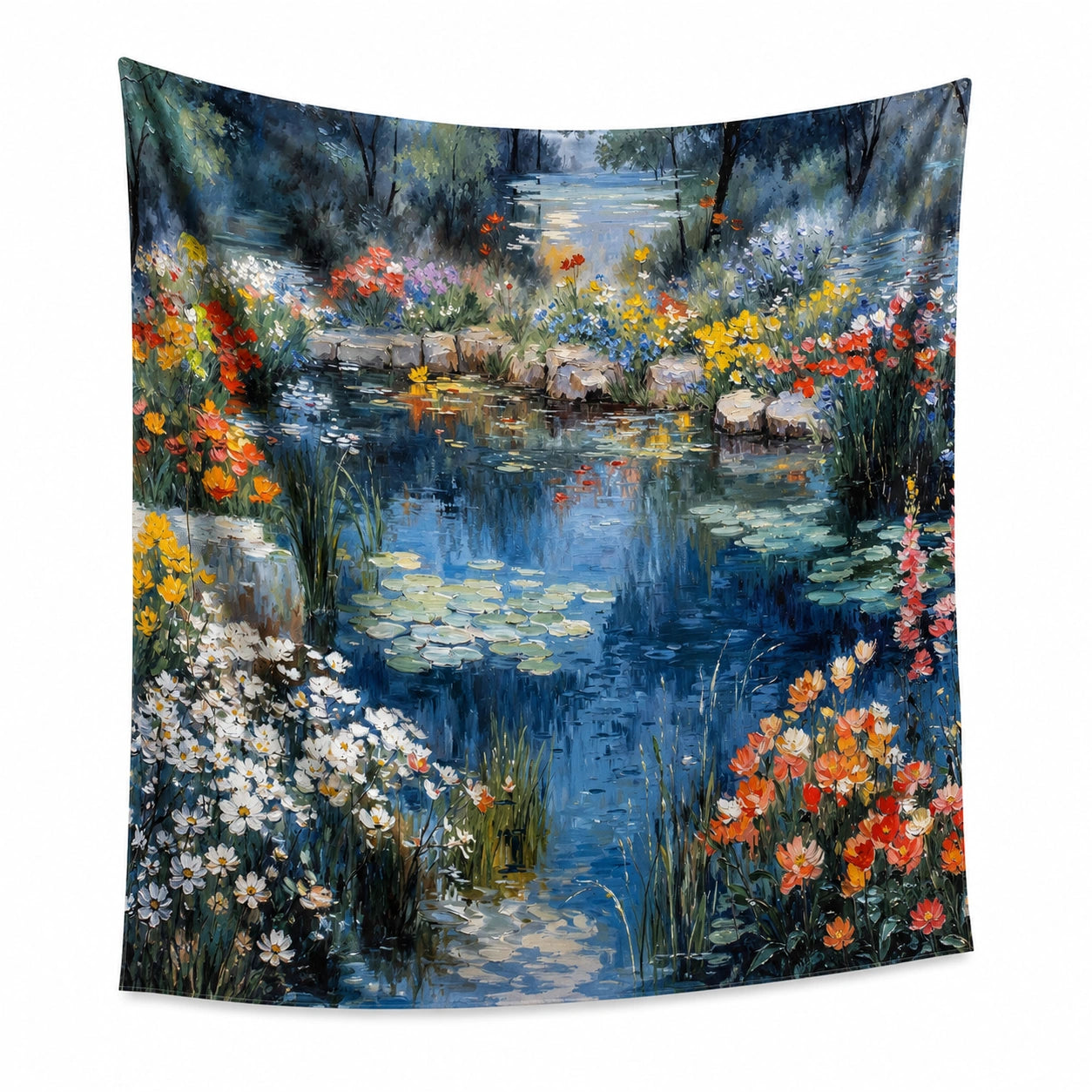 Wandteppich 150 x 130 cm aus Polyester in Blau mit Blumenmotiv für Wohnräume