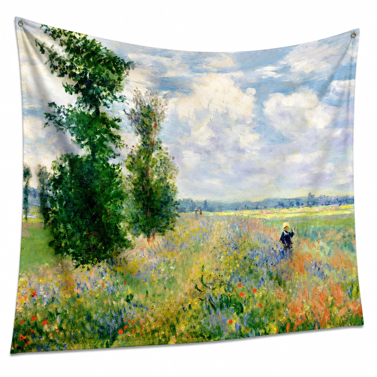 Wandteppich 150 x 130 cm aus Polyester mit Blumenwiesenmotiv in Grün Blau und Beige