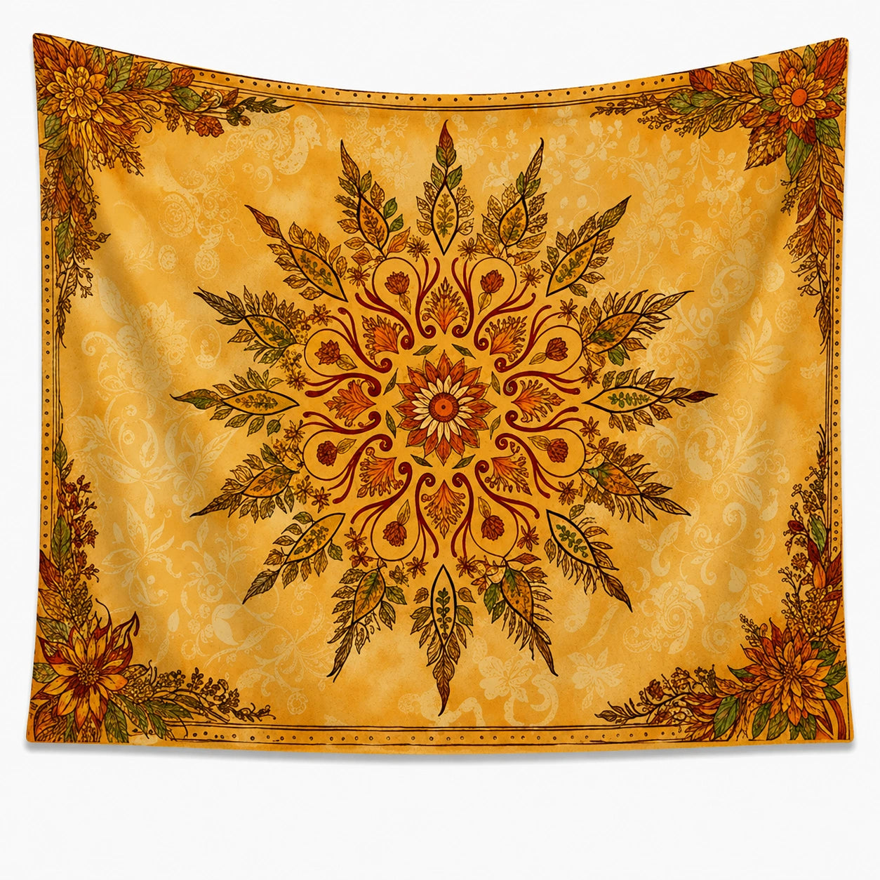 Wandteppich 150 x 150 cm aus Textilgewebe in Gelb mit floralem Mandala Muster